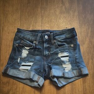 Blue Distressed Jean Shorts with Frayed Edges